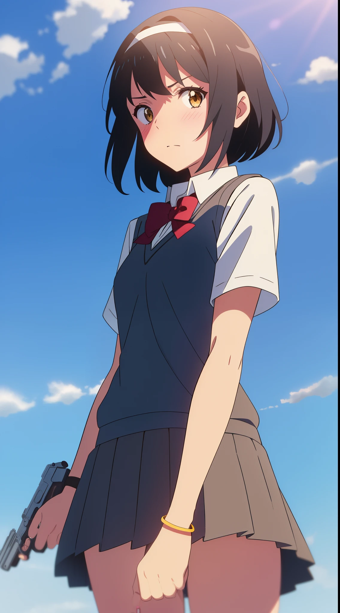 shinkai makoto, kimi no na wa., 1girl, bangs, black hair, blush, brown eyes, collared shirt, headband, looking at the viewer, Clavicle, red bow, red headband, red ribbon, school uniform, shirt, short hair, medium breasts, solo, sweater vest, vest, white shirt, yellow sweater vest, yellow vest, skirt, blue skirt, short sleeves, day, blue sky, cloudy_sky, sunlight, Outdoors, shiny skin, Fighting Stance, Despair Face, bracelet, ((aiming at the viewer with a gun)), handgun, ((holding a handgun)), trigger discipline, cowboy shot, perfect hands