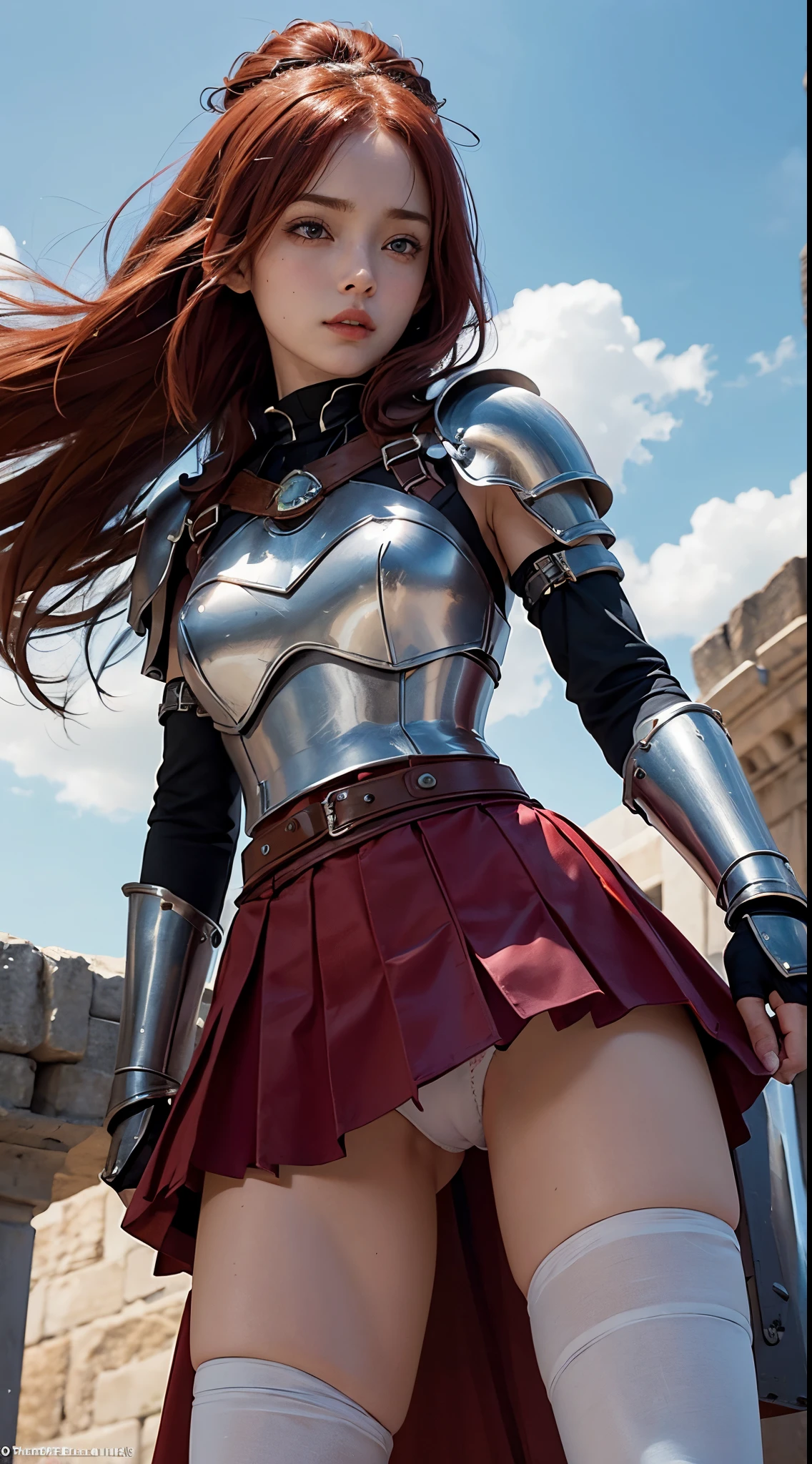red-haired warrior girl, young girl, petite girl, pretty girl, pretty face, slim body, small breasts, open crotch, gap between thighs, slender legs, standing, front, plate armor, steel breastplate, steel gauntlets, steel gloves, (short skirt red), skirt lifted by the wind, her panties are showing, visible panties, (white panties), you can see her panties, underwear, ((cameltoe)), medieval fantasy, Dungeons and dragons, RPG character, best quality, (masterpiece), 8k