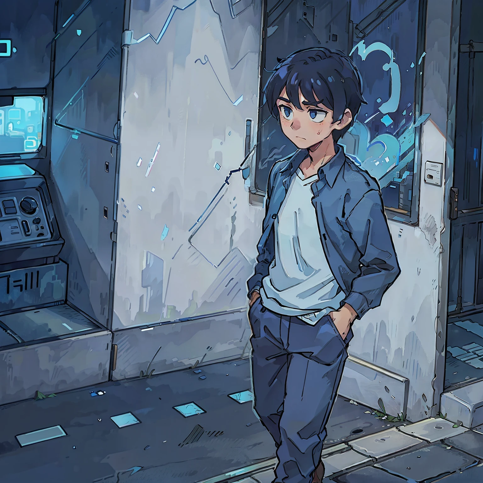 A man in a blue shirt walks on an empty street.