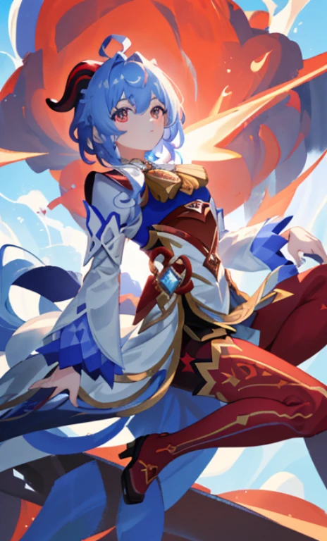 ((tmasterpiece,4k wallpaper,Best quality))Ganyudev, The face is red, During the day, simple backgound, blue-sky, Short hair details, Moody light,lightblue hair,Light particles,Blue Themes,busty figure,face expressionless,outstanding,smooth thigh
