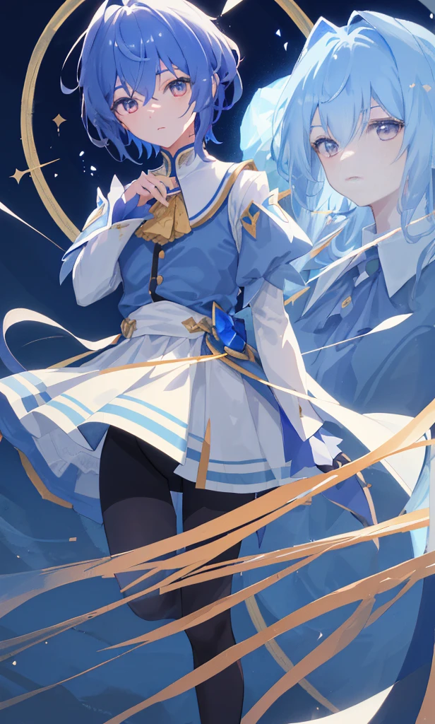 ((tmasterpiece,4k wallpaper,Best quality at best))Ganudev, face flushed, In the daytime, simple backgound, blue-sky, Short hair details, Moody light,lightblue hair,Light particles,Blue Themes,Plump body,face expressionless,outstanding,smooth thigh