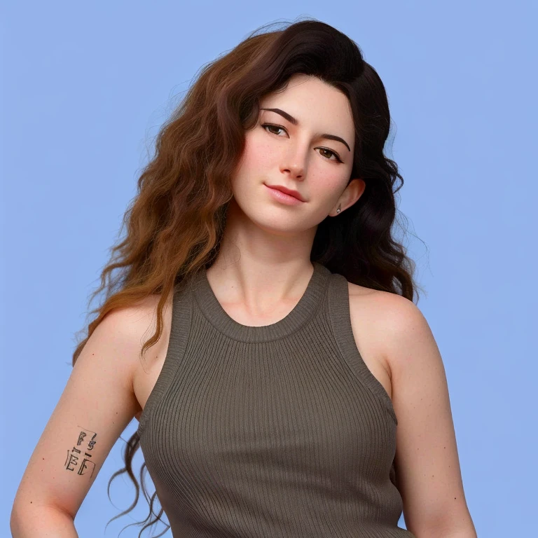 Hay una mujer con el pelo largo posando para una foto, sobre fondo gris, taken in the early 2020s, 40 years old women, Mariscala Becker, Imagen de perfil, Lleva una camiseta negra sin mangas, Kailee Mandel, lorde, con fondo azul, 3 0 years old woman, 30-year-old woman, Julia Fuentes