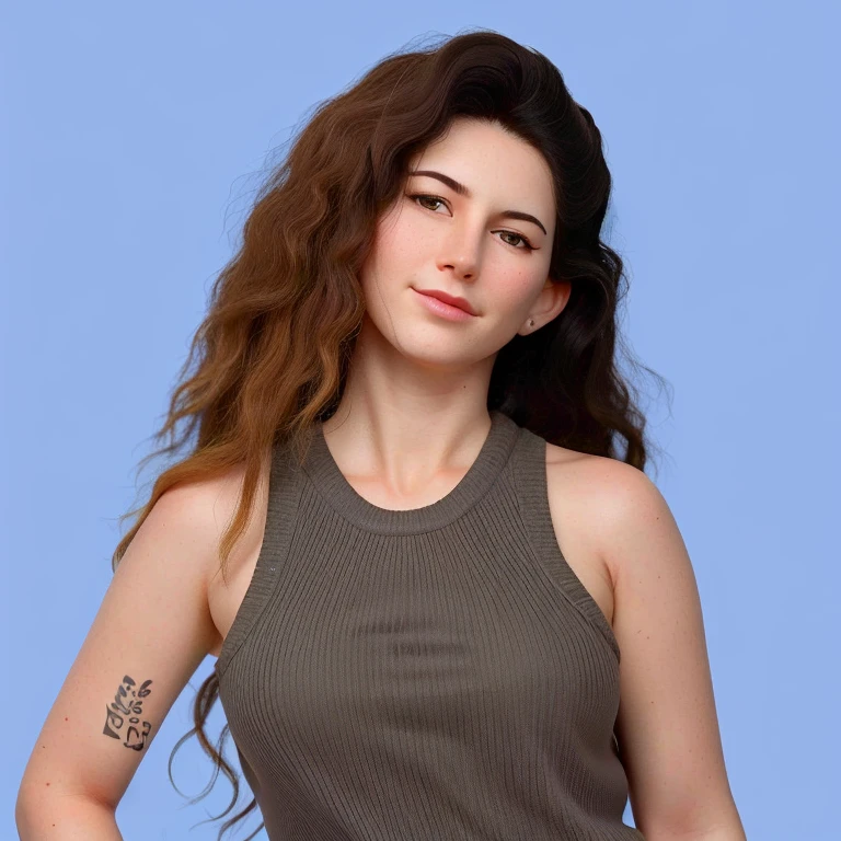 Hay una mujer con el pelo largo posando para una foto, sobre fondo gris, taken in the early 2020s, 40 years old women, Mariscala Becker, Imagen de perfil, Lleva una camiseta negra sin mangas, Kailee Mandel, lorde, con fondo azul, 3 0 years old woman, 30-year-old woman, Julia Fuentes