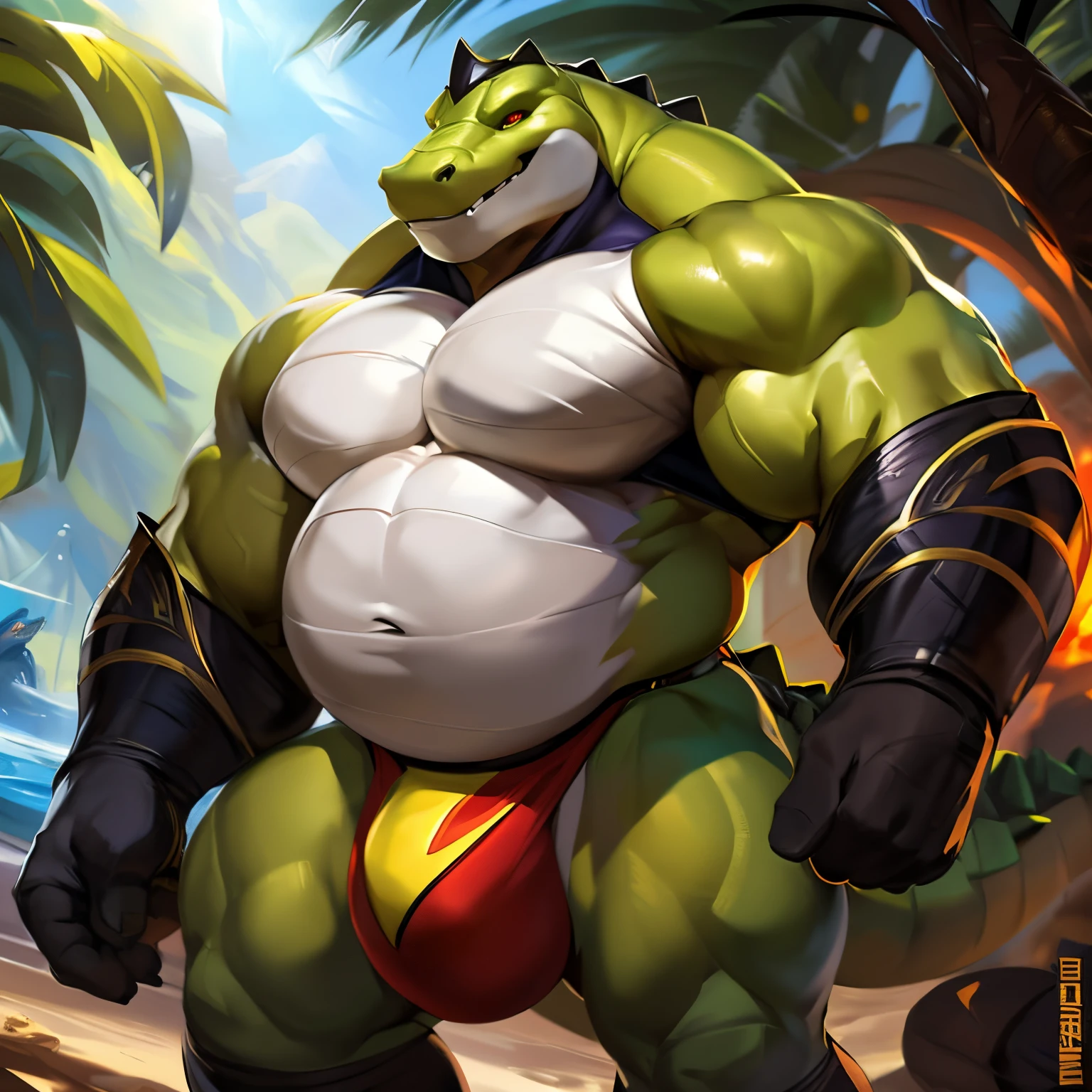 sozinho, macho, alligator, focinho longo, dentes afiados, Presas, rosto grosso, Face larga, ombros largos, musculoso, polir, forte, alto, gigante, Massive, enorme, gigantesco, Big biceps, Pecs grandes, Corpo verde, pele verde, olhos amarelos, chubby, big belly , Virilha detalhada, massive bulge, por darkgem, por Mystikfox61, por chunie, por vader-san, Olhando para o Viewer, sombrio, Dramatic, cidade, beco, traje espacial azul, uniforme