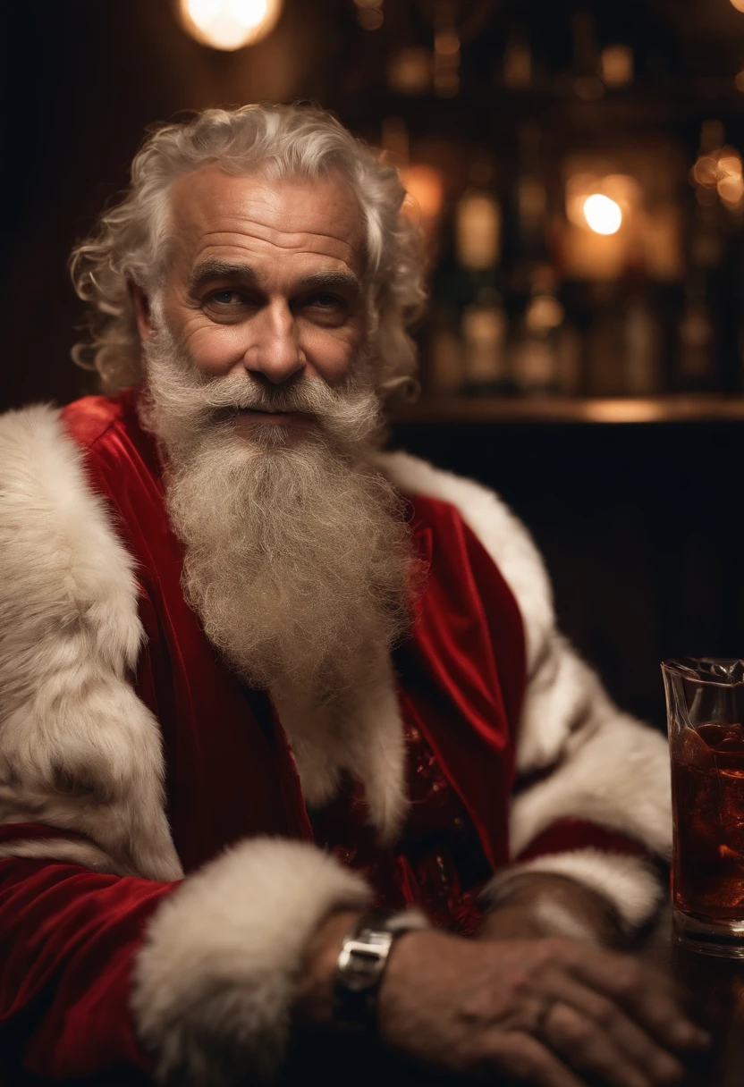 A photo of Bad Santa sitting in a dimly lit bar, holding a glass of bourbon in his hand.,original,His iconic red suit, now disheveled and stained, reflects a life marred by neglect and vice. The once neatly-groomed white beard is unkempt, and his eyes, historically a source of merry twinkle, are bloodshot and weary. The robust and cheerful figure we know is replaced by a more haggard and careworn man, who carries the weight of his struggles visibly., male