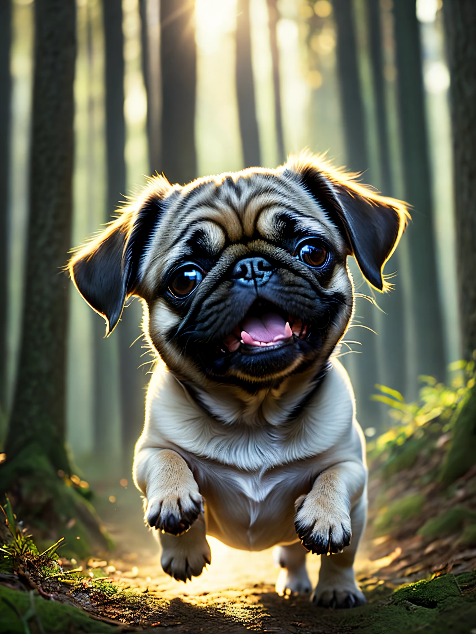 close up photo of a very cute, happy, tongue sticking out, jumping pug puppy in the forest, soft volumetric lights, (backlit:1.3), (cinematic:1.2), intricate details, (ArtStation:1.3), Rutkowski