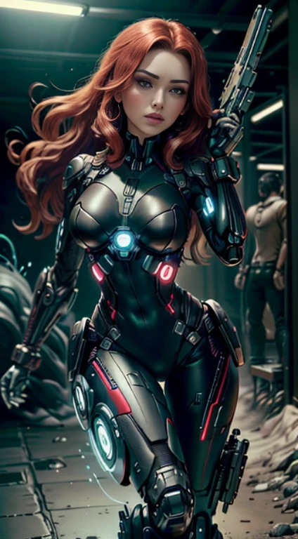 1girl, corpo inteiro, Natasha Romanoff Black Widow style (Da Marvel Studios) garota cyber, arm prosthesis, leg prosthesis, expondo os peitos, Technological clothing, fantasia, medium breasts, sorrir, randome pose, Pose bonita, (master part, best quality, Textura detalhada da pele, textura de pano detalhada, cabelo bem vermelho, bikini armo, Rosto bonito e detalhado, detalhes intrincados, ultra detalhado), cabelos ruivos curtos, dynamic pose, (best quality, A high resolution, fotorrealista, primitivo, 8k,master part, ),best quality, masterpiec8k.HDR. Costelas altas:1.2, filmgrain, Desfoque Bokeh:1.2, Reflexo da lente, (Cores vivas:1.2), (delicado),