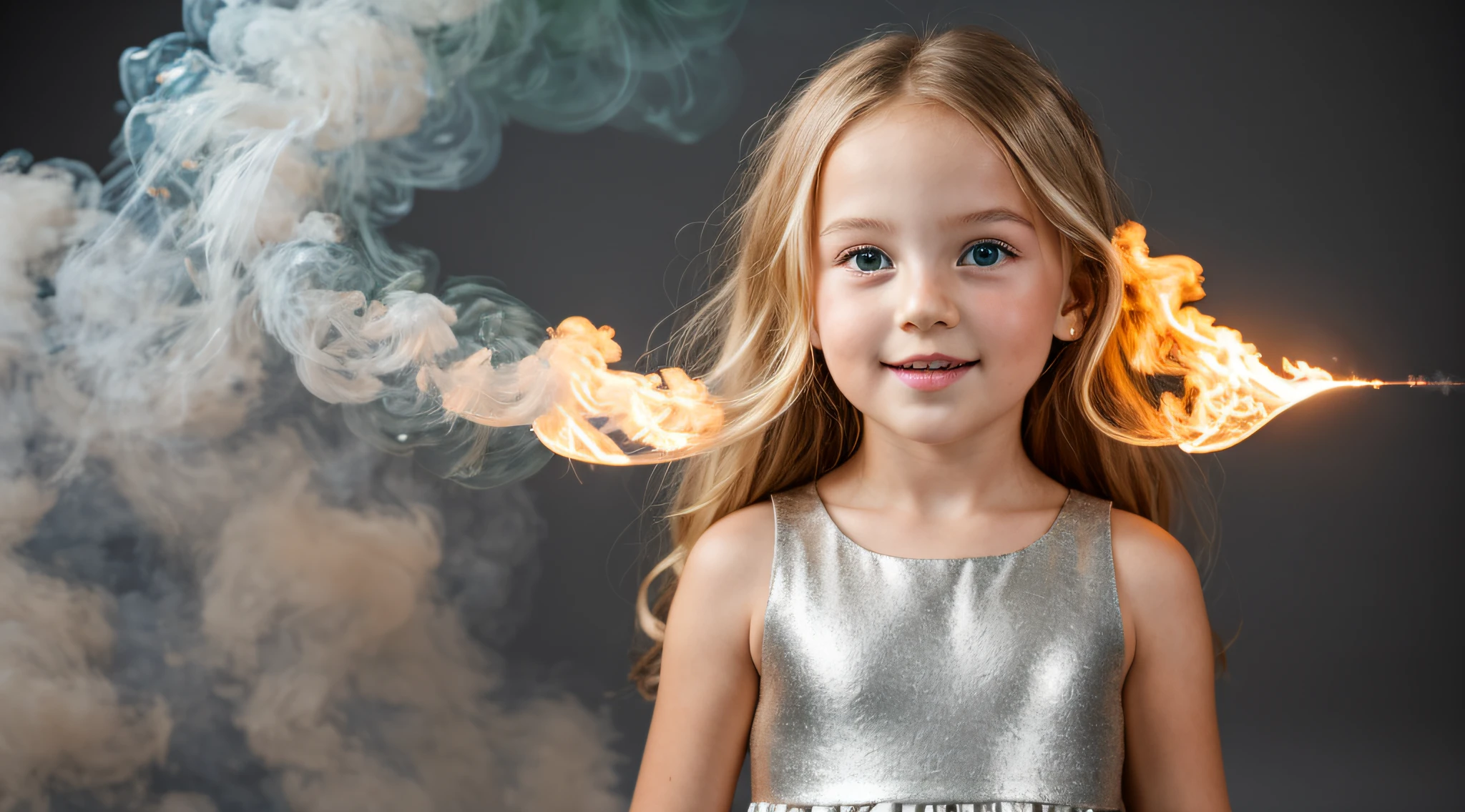 close-up CHILDREN BLONDE GIRL WITH LONG HAIR, em um fundo GREENLIGHT., usando um vestido prateado, vestido prateado e halo em chamas, Studio photo session, fundo branco. FUMO FUMO VERDE. LASER VERDE.