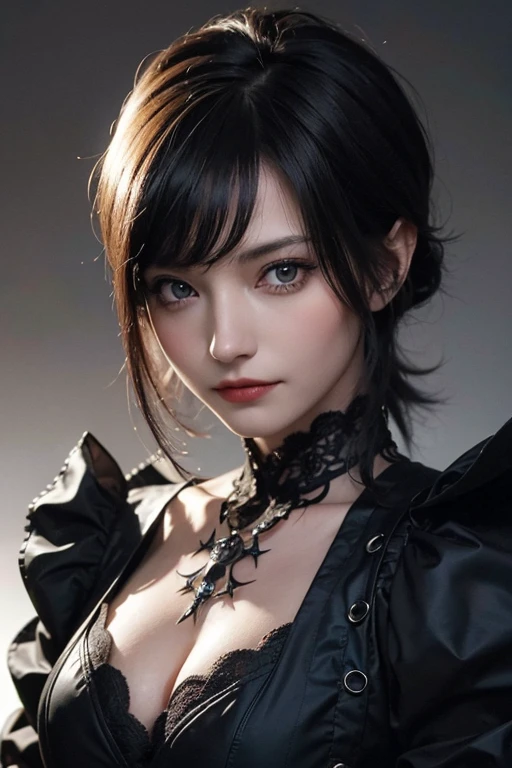 absurderes, masutepiece, Best Quality, nffsw, 1girl in, Mature Woman, (Sharp Focus), Villain's smile, medium breasts, (Hair on long black background), (grey  eyes), (Detailed eyes), Gothic lace costumes, Black and Red theme, Realism, Black_castle, Ultra-detailed, Vivid, Intricate details, Photorealistic