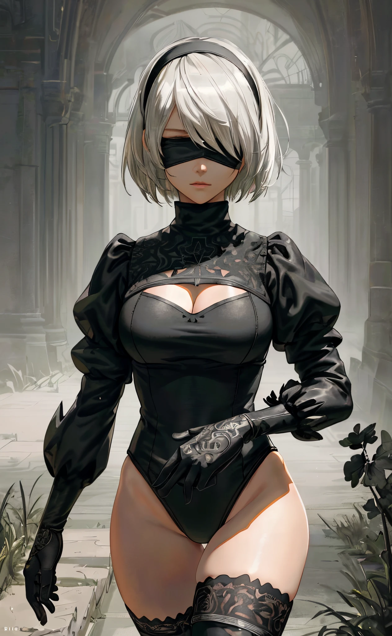 [n_2b], [nier automata], ((masterpiece)), ((HD)), ((high quality)), ((solo portrait)), ((waist up)), ((semi-realistic)), ((detailed shading)), ((beautiful render art)), ((cinematic lighting)), ((intricate details)), {(beautiful woman), (slender figure), short white hair, small boobs, (beautiful legs), (beautiful lips), (gorgeous hips), (expressionless)}, {(white leotard), (cleavage), (black blindfold), (black hairband), (black knee-high boots), (opaque black thigh-high socks), {(standing), (dynamic pose), (looking ahead)}, [Background; (grass plains), (city ruins), (grey sky), (sun rays)]