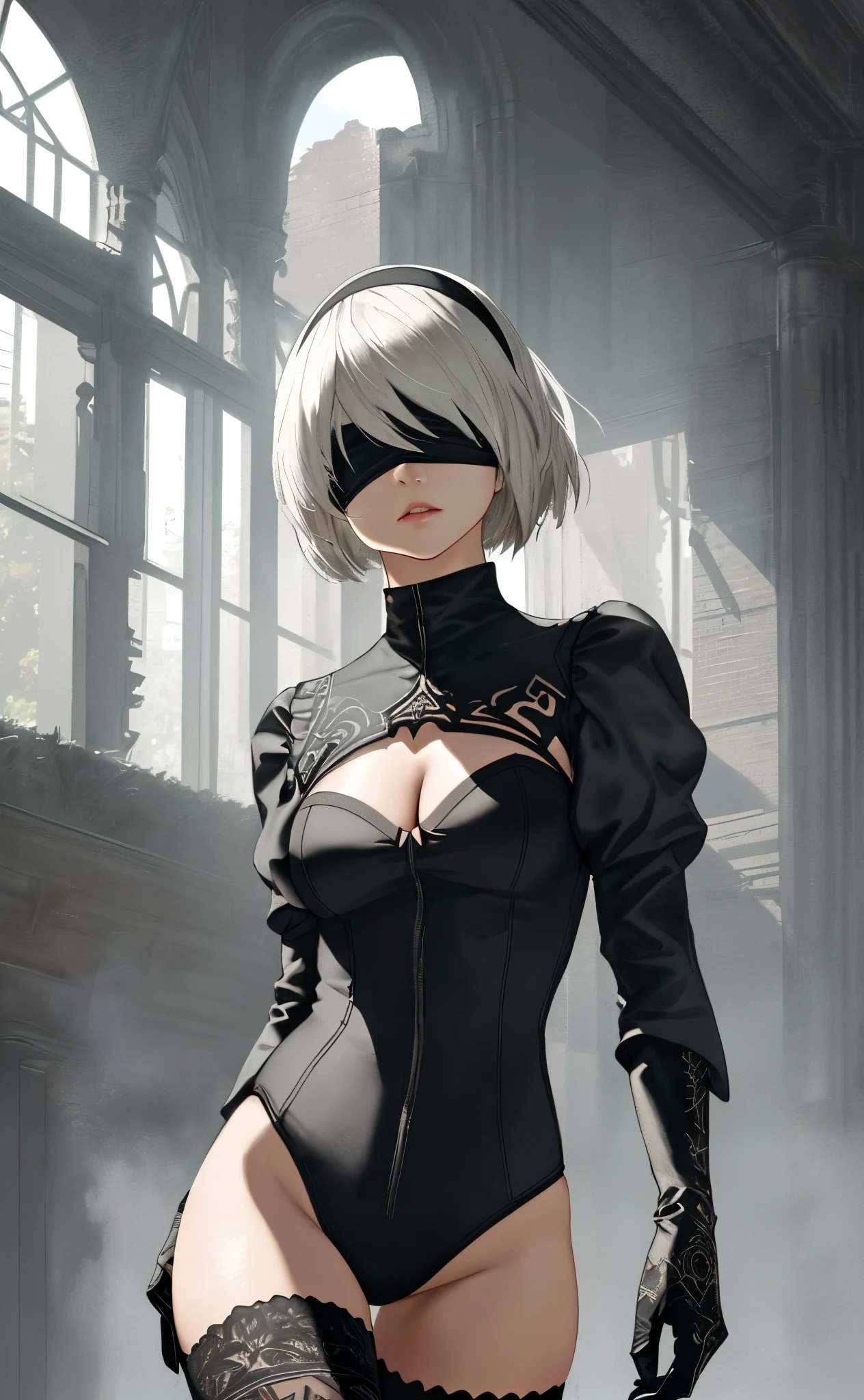 [n_2b], [nier automata], ((masterpiece)), ((HD)), ((high quality)), ((solo portrait)), ((waist up)), ((semi-realistic)), ((detailed shading)), ((beautiful render art)), ((cinematic lighting)), ((intricate details)), {(beautiful woman), (slender figure), short white hair, small boobs, (beautiful legs), (beautiful lips), (gorgeous hips), (expressionless)}, {(white leotard), (cleavage), (black blindfold), (black hairband), (black knee-high boots), (opaque black thigh-high socks), {(standing), (dynamic pose), (looking ahead)}, [Background; (grass plains), (city ruins), (grey sky), (sun rays)]