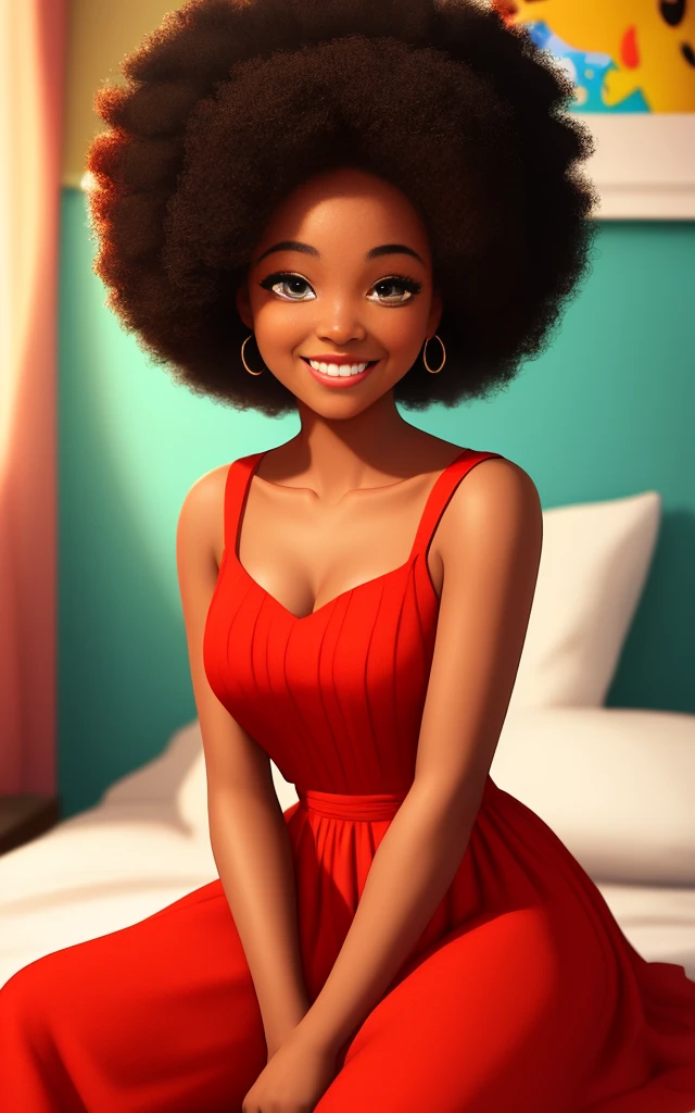 Disney Pixar poster of a black girl, title: "Tonia", smiling face, sitting, hand on chin, afro, red dress, bedroom. Pixar 3D animation