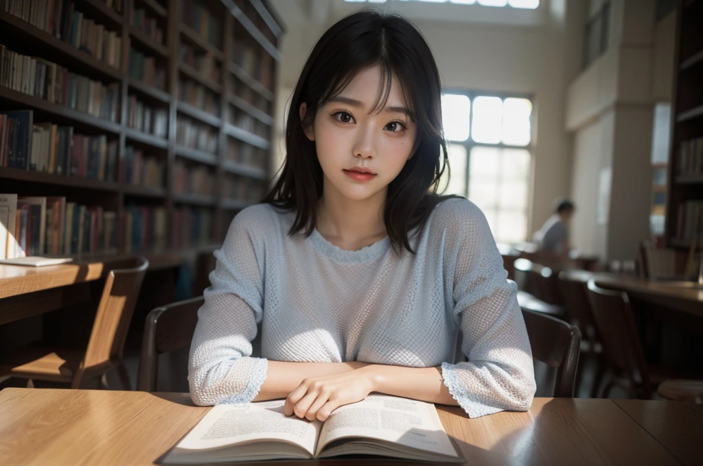 tmasterpiece,actual,Photographic,raw,brightened light,
pretty  face,pretty eyes,1个Giant Breast Girl,The upper part of the body,
libraryai,The shirt,
sitted,Arm on the table,
looking at viewert,
