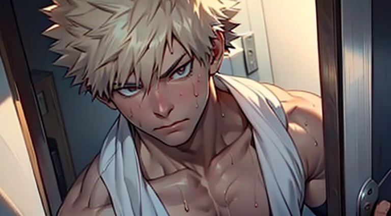 (Best quality, high-res, vivid colors), Bakugou Katsuki standing powerfully, his well-defined V-cut abs and muscular body, (((flaccid    and ))) ((looking at viewer)) ((white vest)) glistening with sweat in a luxurious bathroom, open door, opening door. His strong, intense gaze meets the viewer's eyes tenderly, conveying a sense of vulnerability and intimacy. Every inch of his body is completely exposed, showcasing his nakedness with absolute confidence. The details of his eyes and face are exquisitely rendered, capturing the intensity and determination that define his character. The lighting accentuates his chiseled physique, casting shadows that emphasize the contours of his muscles. The scene is filled with a warm, golden color palette, adding a touch of sensuality to the atmosphere.