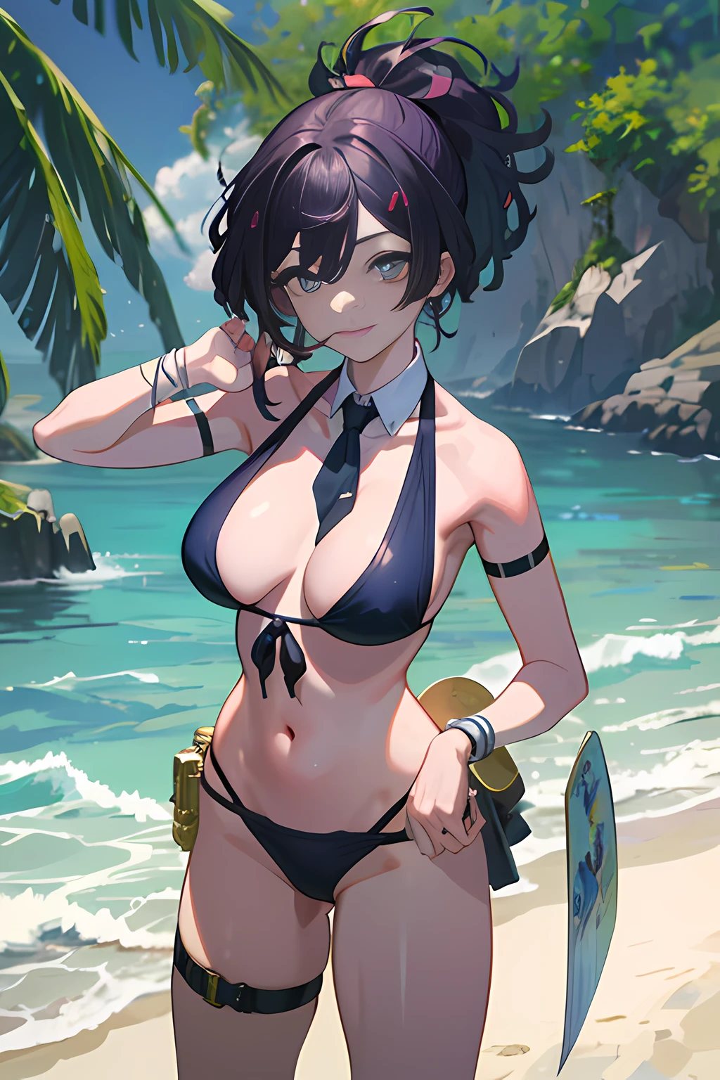((masterpiece)), (best quality), (detailed), (1 girl), (condom belt:1), standing, micro bikini, condom in mouth, front-tie bikini top, (closed mouth:1.2), thigh strap,smile,big breast,beach