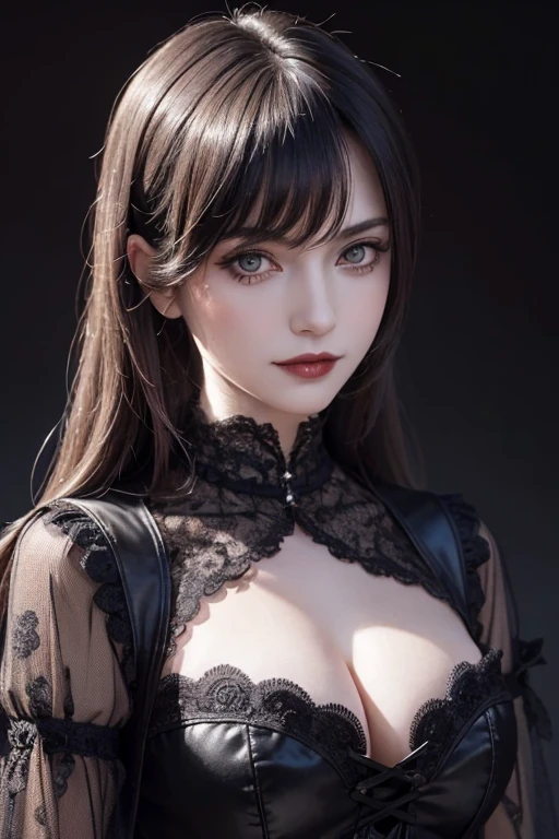 absurderes, masutepiece, Best Quality, nffsw, 1girl in, Mature Woman, (Sharp Focus), Villain's smile, medium breasts, (Hair on long black background), (grey  eyes), (Detailed eyes), Gothic lace costumes, Black and Red theme, Realism, Black_castle, Ultra-detailed, Vivid, Intricate details, Photorealistic