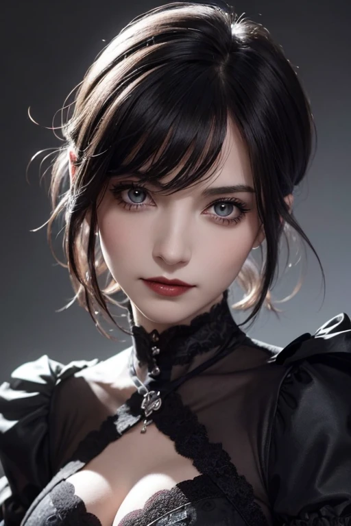 absurderes, masutepiece, Best Quality, nffsw, 1girl in, Woman, (Sharp Focus), Villain's smile, medium breastr on long black background), (grey eyes), (Detailed eyes), Gothic lace costumes, Black and Red theme, Realism, Black_castle, Ultra-detailed, Vivid, Intricate details, Photorealistic