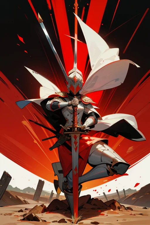 guerreiro com armadura e escudo, estilo anime, com capa vermelha, Sword stuck in the ground
