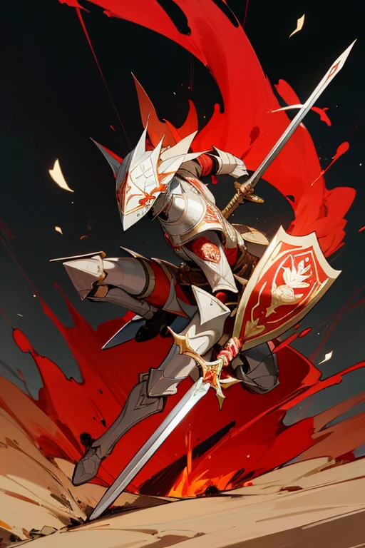 guerreiro com armadura e escudo, estilo anime, com capa vermelha, Sword stuck in the ground