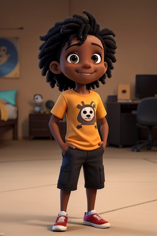 crie personagem, barnet, negra, cabelo preto, idade 10 anos, usando bermuda, camiseta amarela, sorrindo, segurando cachorro, ambiente studio