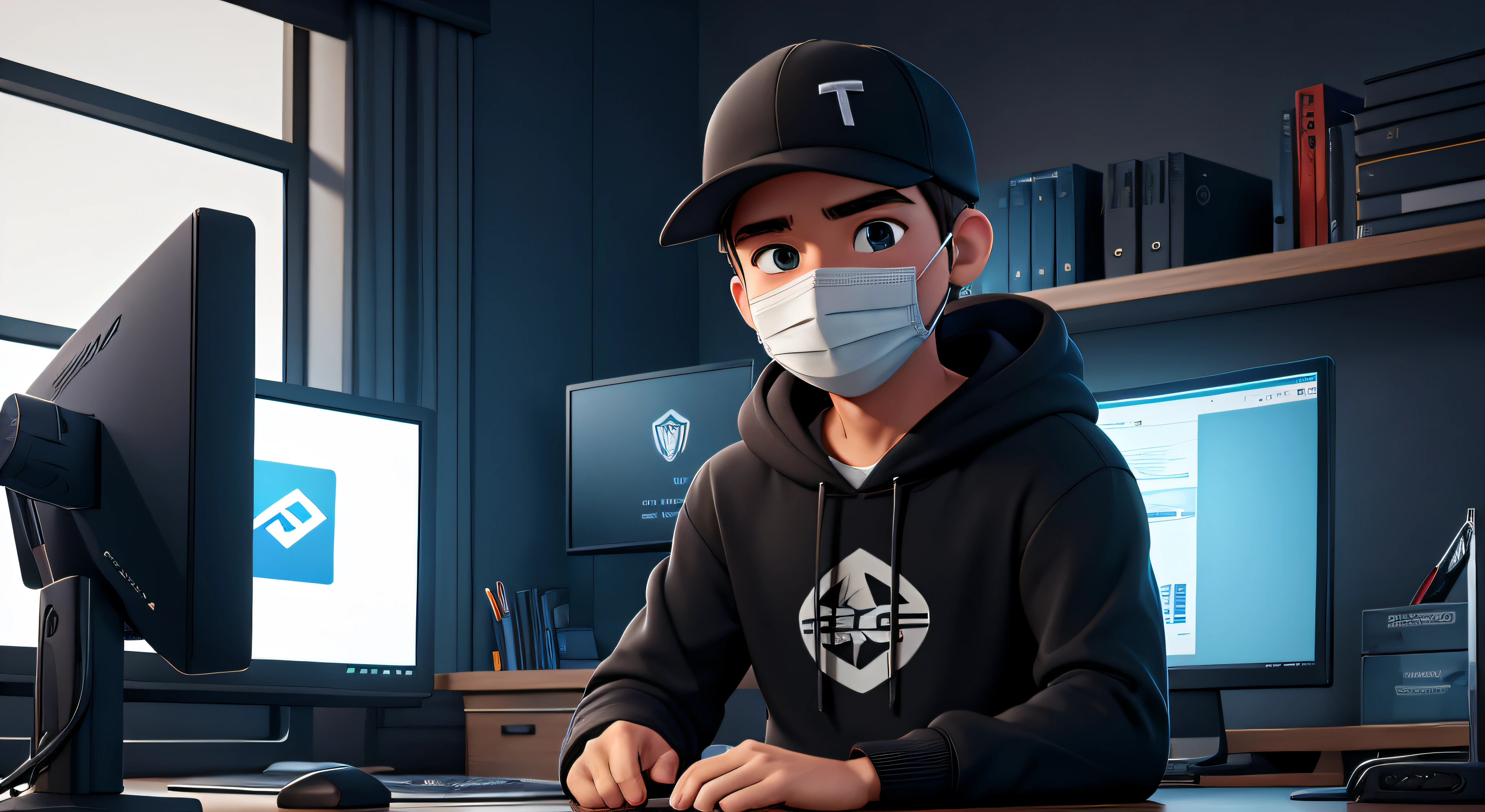 a man sitting at a desk in front of a monitor, trending on cg society, sots art, rtx, 2d game art, rtx on, wearing a hoodie, wearing a cap, wearing a mouth mask, no logo on cap hoodie and mask, all clothing is black , on a computer,