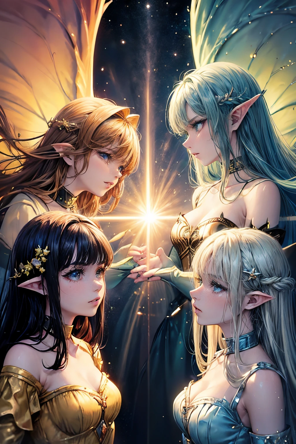 (((4 meninas))), (((obra-prima))), ((melhor qualidade)), (super detalhe), cinematiclight, quatro meninas que representam os 4 elementos materiais do mundo sendo fogo, water, wind and earth and they are together living as humans on planet Earth, but they are magical fairies that save humans! ((serious and happy looks)), (((rosto bem detalhado e belo)))