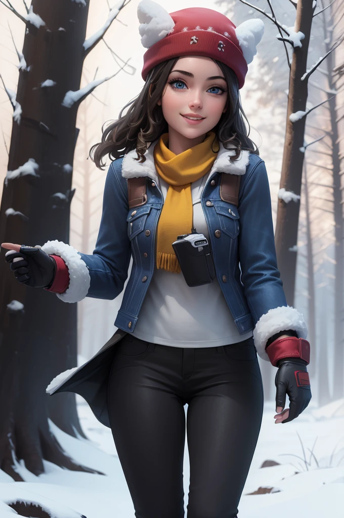 (8k, best quality, masterpiece:1.2), (realistic, photo-realistic:1.37), ultra-detailed, 1 girl,cute, solo, ,beautiful detailed blue eyes, medium wavy hair, standing in a park, smiling, looking at viewer, ,light brown hair, full body view, , whole body shot, red hat,choker, yellow scarf, red sweater,, winter gloves, winter, snow, snowing, pantyhose, stockings black skirt,