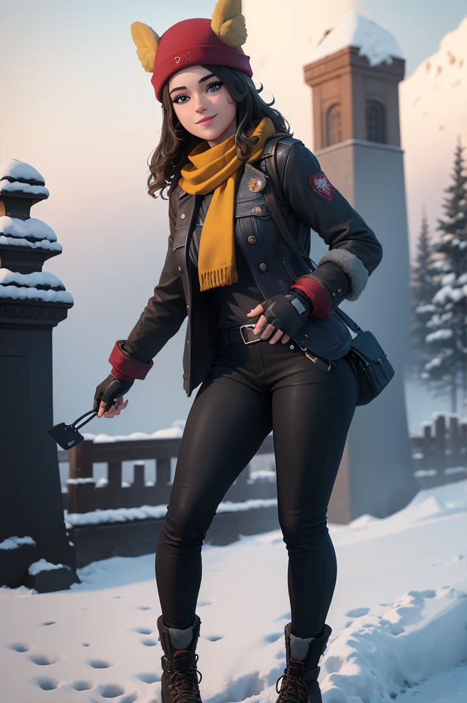 (8k, best quality, masterpiece:1.2), (realistic, photo-realistic:1.37), ultra-detailed, 1 girl,cute, solo, ,beautiful detailed blue eyes, medium wavy hair, standing in a park, smiling, looking at viewer, ,light brown hair, full body view, , whole body shot, red hat,choker, yellow scarf, black winter jacket, gray jeans, winter gloves, winter, snow, snowing, dark pants, black pants, black skirt