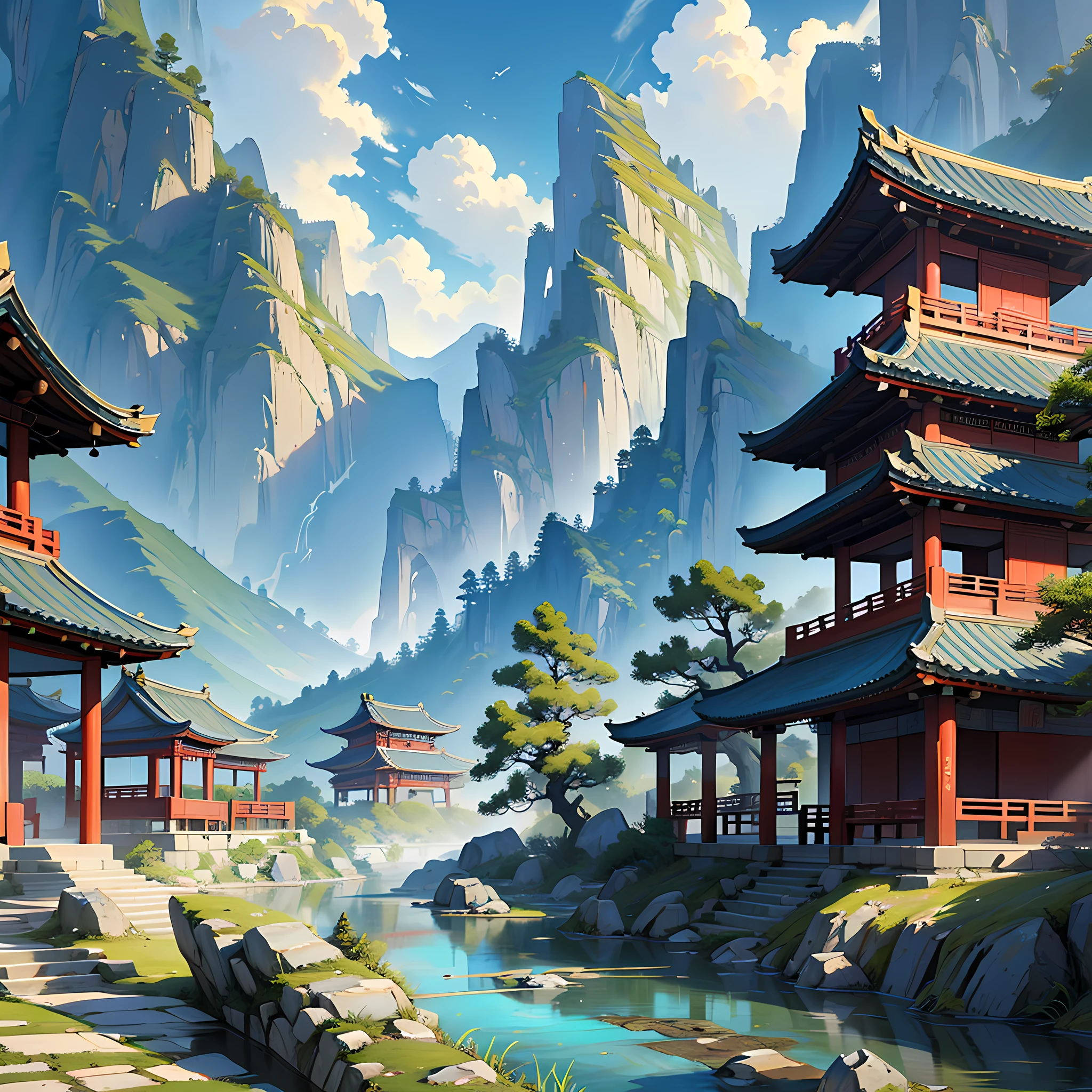 ancient chinese painting, ancient chinese background, mountains, river, auspicious clouds, pavilions, sunlight, masterpiece, super detail, epic composition, ultra hd, high quality, extremely detailed, official art, unified 8k wallpaper, super detail