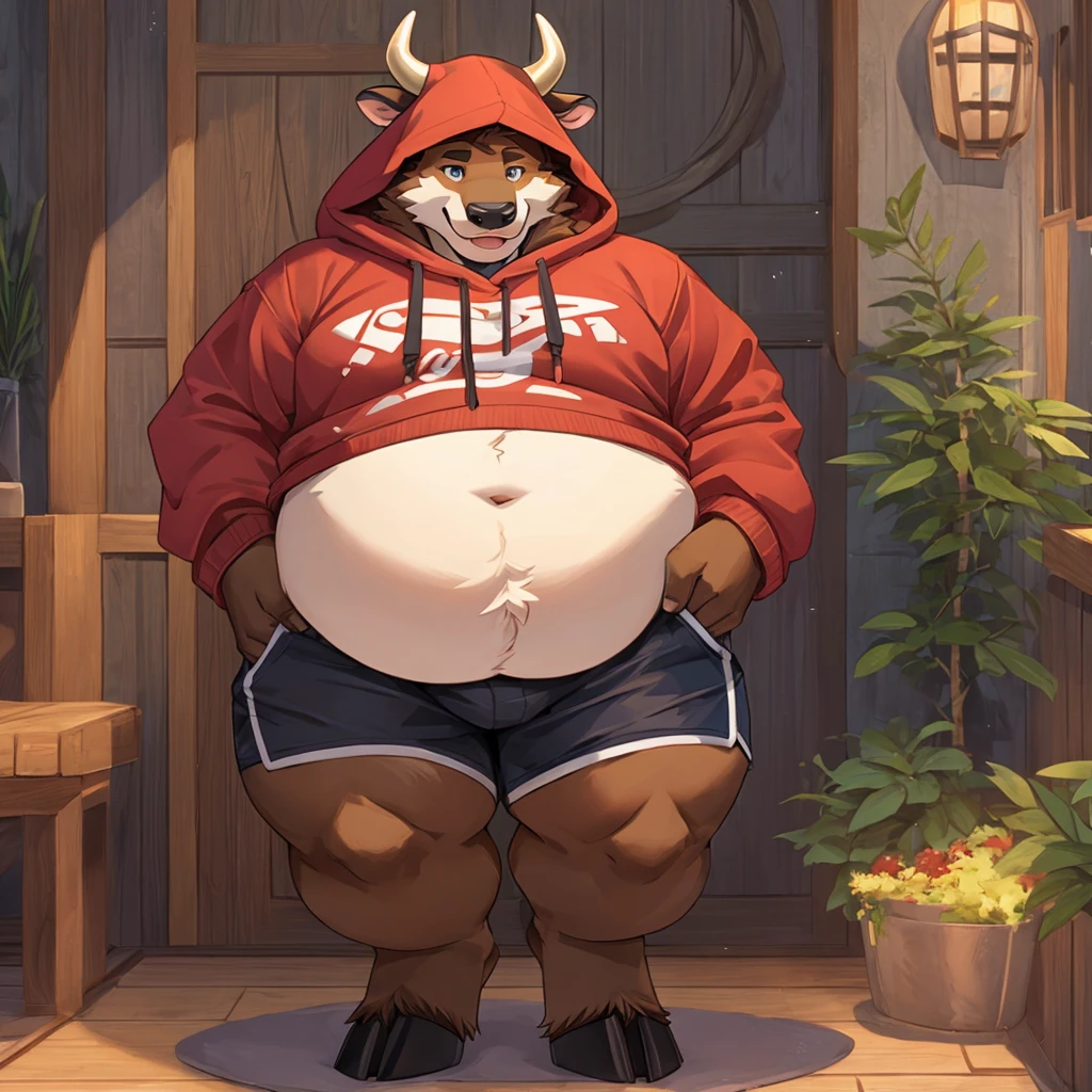 solo, cow, anthro, male, obese, large belly, brown fur, horns on head, digigrade, hooves, wearing hoodie, hood, wearing shorts, indoors