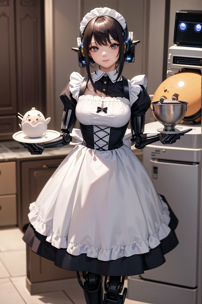 (top-quality、in 8K、32K、masterpiece、nffsw、ighly detailed、Impresionismo:1.2)、Full body, (kitchen of the mansion:1.4)、deep-shadows、beauitful face、blurry backround、20-year-old beauty、Machine body、(Robot Maid:1.5),A maid with a twinkle in the eye、Because it's made of metal、pinafore、Machine Made、、Metal headband、Curve