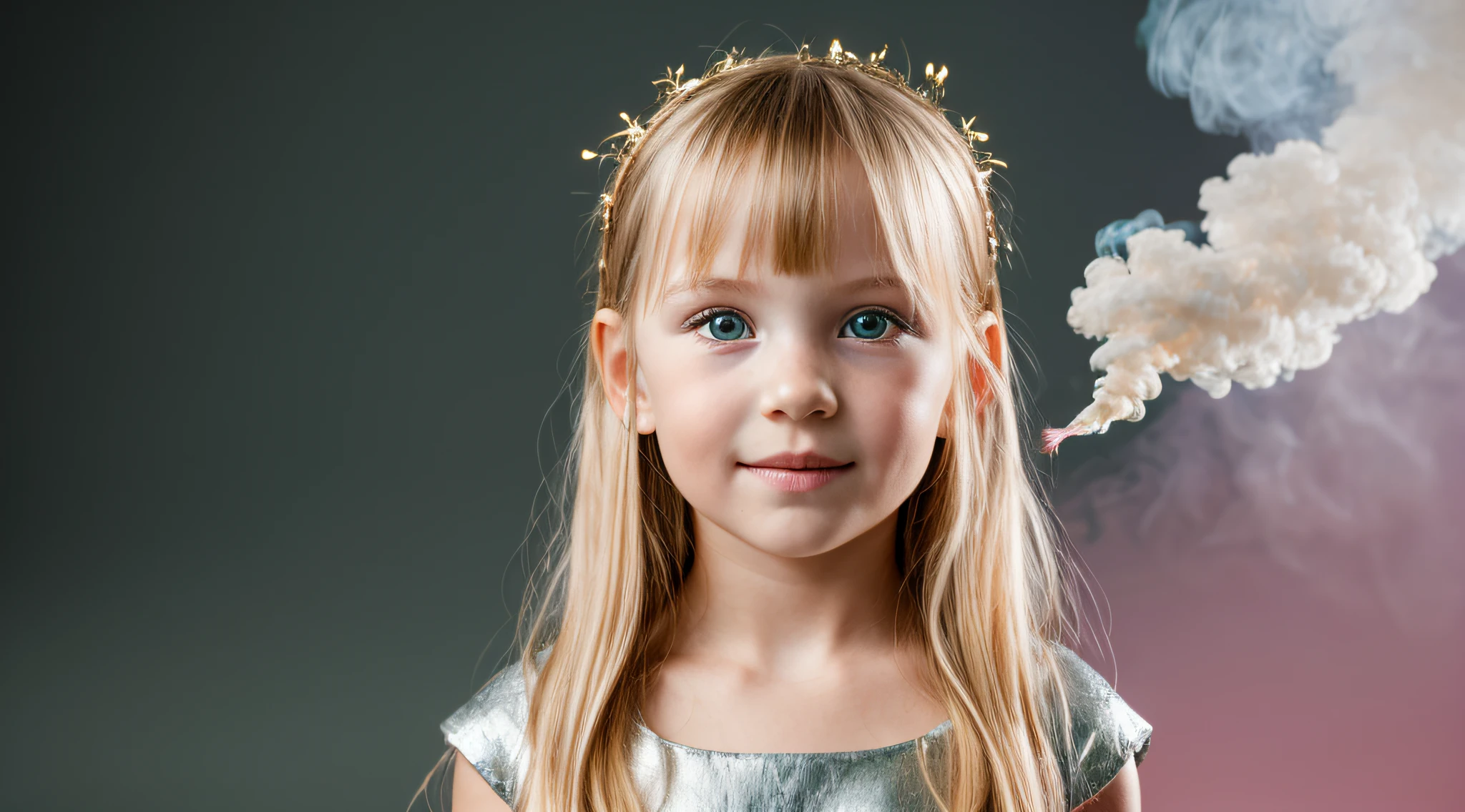 10-year-old Mina Shakespeare posing for her school picture - Sparkling, Sky blue Background, professional quality studio 8x10 UHD Digital photograph by Scott Kendall - multicolored spotlight, Photorealistic, realistic stock photo, Professional quality Photograph. colored Fog - Multicolored lightning, 3D bubbles, hearts, stars, clovers