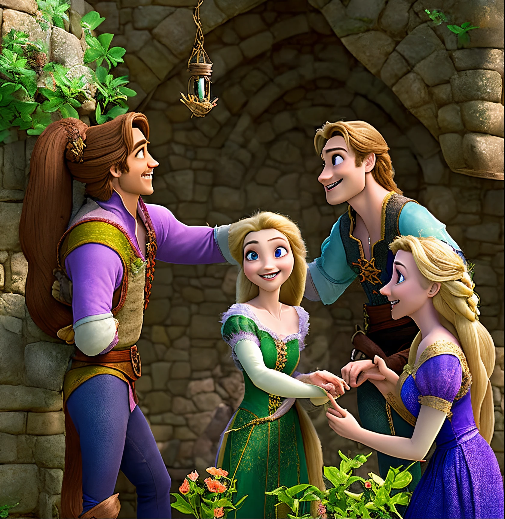 A joyful couple making the deal with the enchantress, receiving the plant, and the enchantress casting the spell.
Rapunzel in the Tower