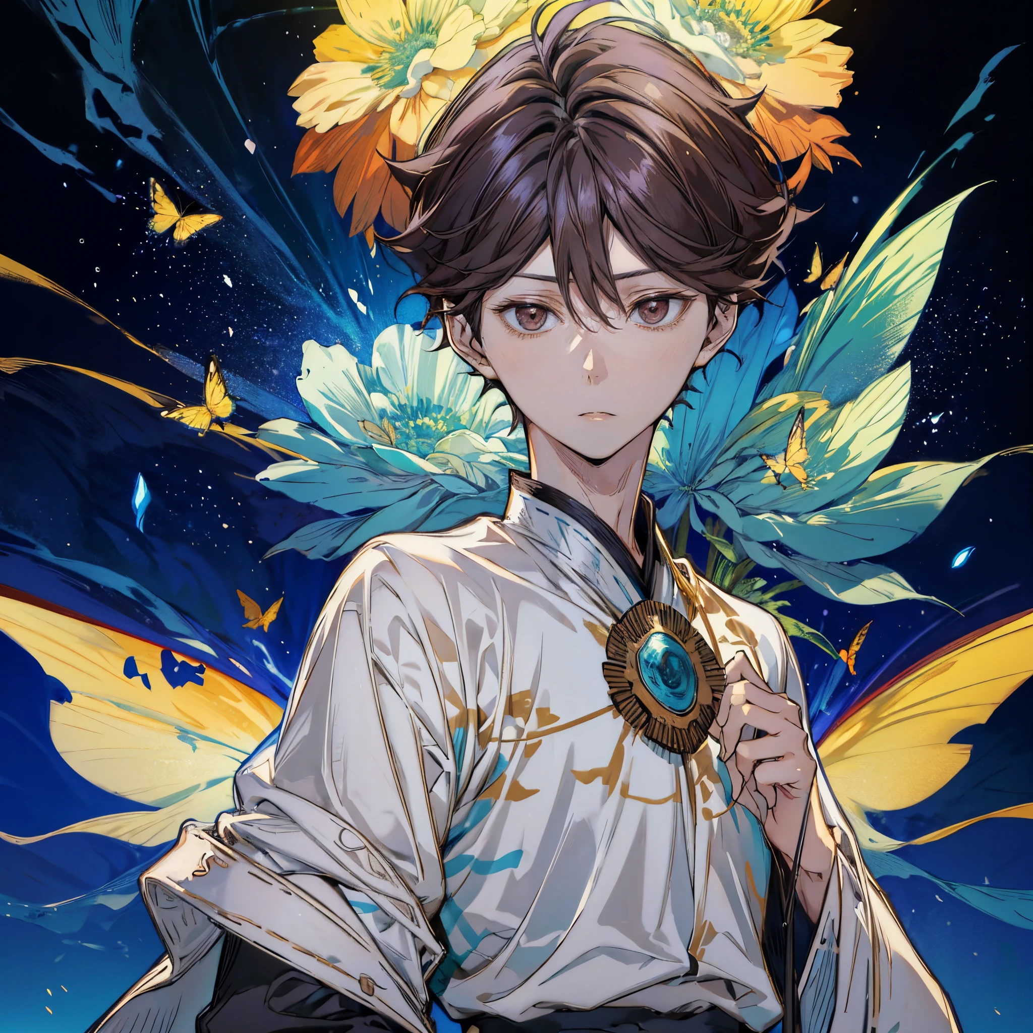 oikawa tooru,((solo focus))brown hair,brown eyes,short hair,1man,he is a breathtaking, his presence is like sunlight itself, flowers,butterflies,blue sky,pure and elegant,dainty,add_detail:0.5,perfect face,handsome,looking at viewer