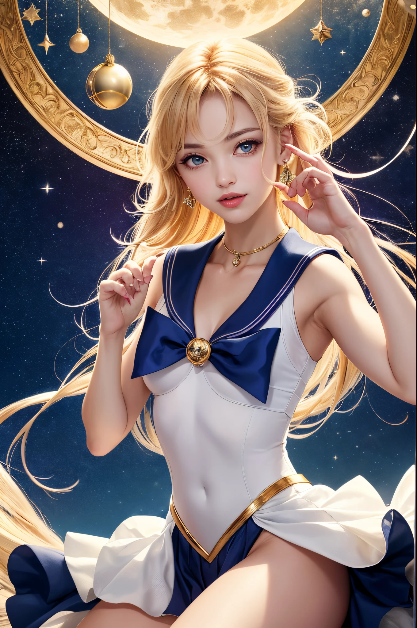 Create a stunning artwork of Sailor Moon with intricate details, vibrant colors, and dynamic poses. Incorporate elements of Sailor Moon's iconic outfit, such as the sailor collar and bow, while showing christmas aspects. Show her in a powerful and confident pose, with mesmerizing eyes and flowing hair. Enhance the image with celestial backgrounds, cosmic effects, and a touch of magic. Ensure the artwork is of the highest quality, with exquisite attention to detail and flawless execution.