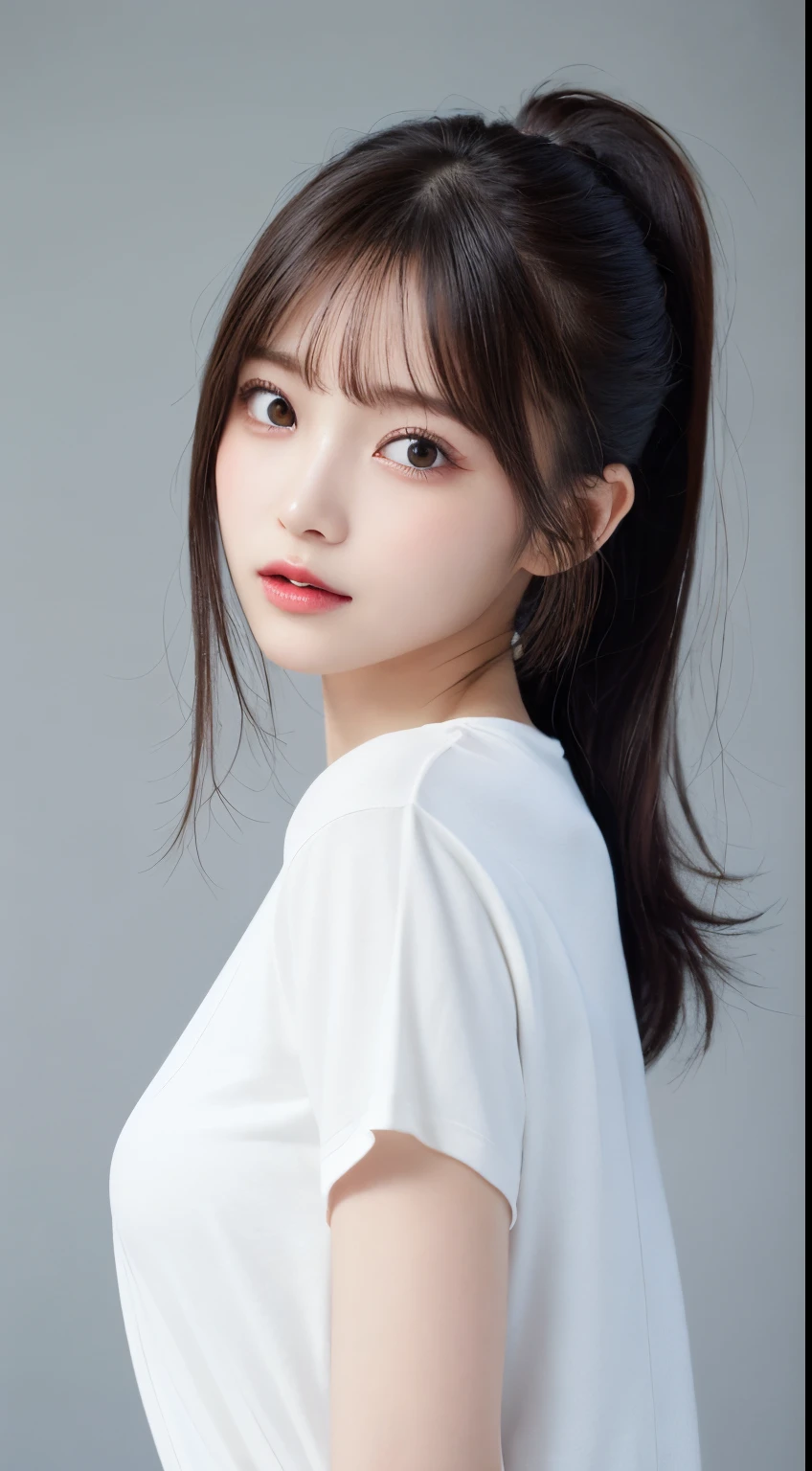 finely detail, hight resolution, hightquality、Perfect dynamic composition, Beautiful detailed eyes, Medium Hair, small tits、Natural Color Lip,Kamimei、Shibuya、20 years girl、1 persons、Transparent skin、Glowing hair、masutepiece, Best Quality, Illustration, Ultra-detailed, finely detail, hight resolution, 8K、The correct state of the human body、Randomly cute poses,Ponytail hair,beauty legs,Perfect beautiful face,KPOP Idol Face,Face that feels ecstasy,white t-shirt with open chest,Background blur,Randomly dress up as a model for a women's fashion magazine