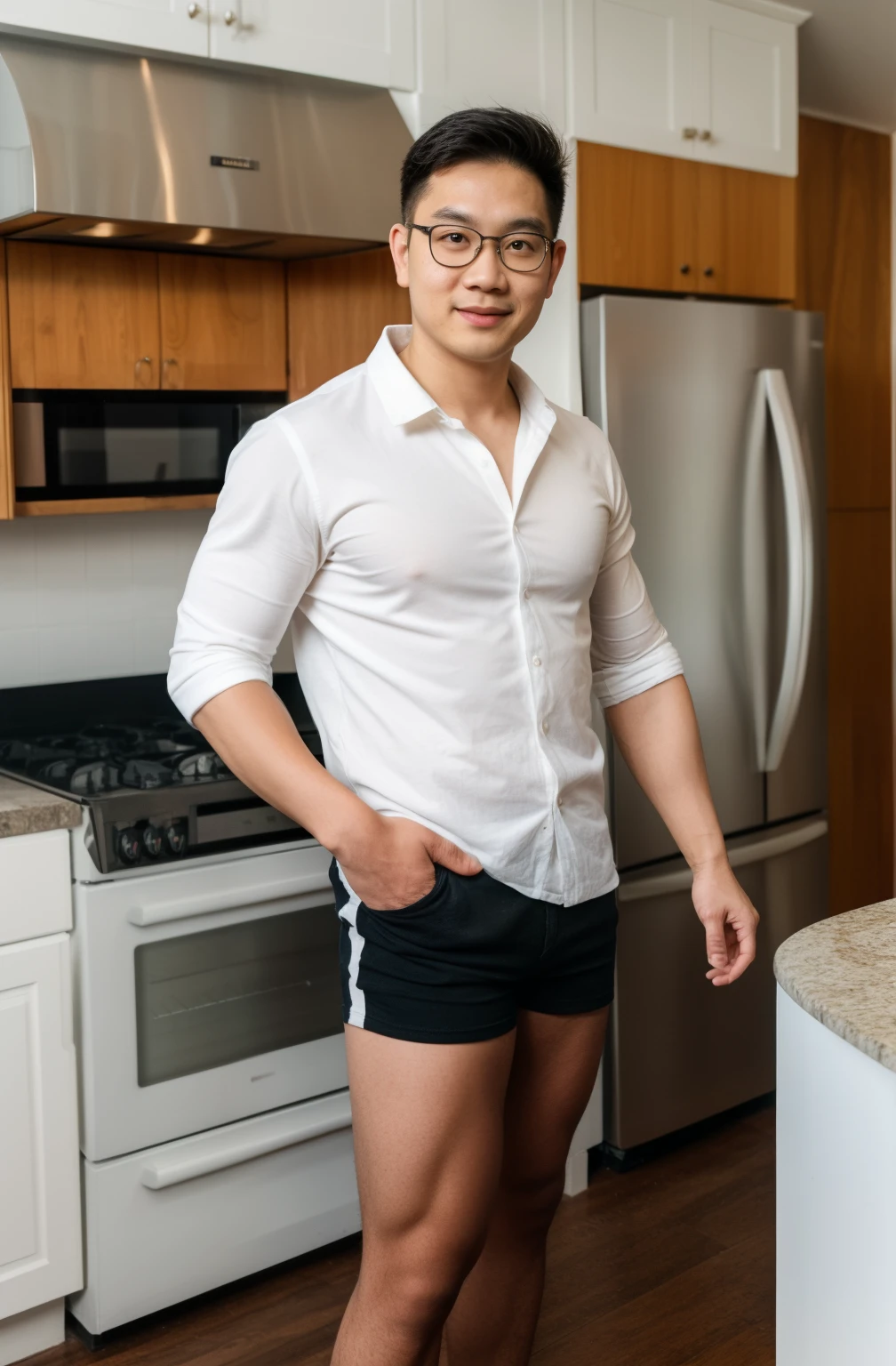 Andrew thomas huang, oval face, eyeglasses, neat muscular, (red white shirt), (black short shorts), kitchen, full body