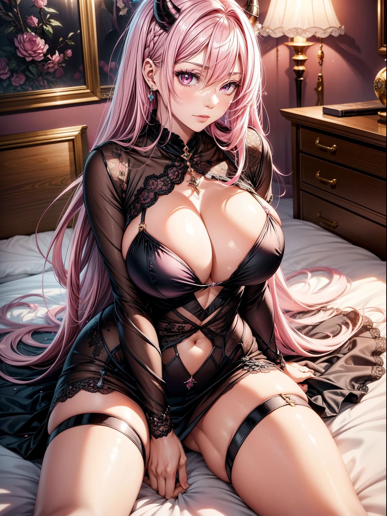 Best Quality, masutepiece, beautiful mature women、Beautiful face、Strong-minded womanpink haired、pink-eyed、long Hair、pink eyes、Full body like、、A little dazzling, black horns, large breasts, massive breasts, pretty outfit, on the bed, pretty bedroom