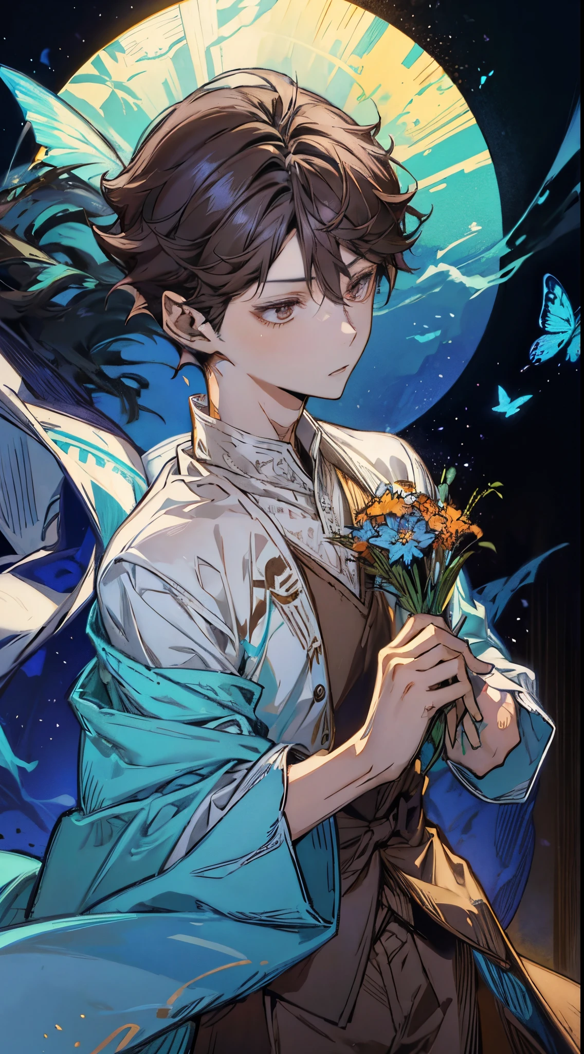 oikawa tooru,((solo focus))brown hair,brown eyes,short hair,1man,he is a breathtaking, his presence is like sunlight itself, flowers,butterflies,blue sky,pure and elegant,dainty,add_detail:0.5,perfect face,handsome,looking at viewer