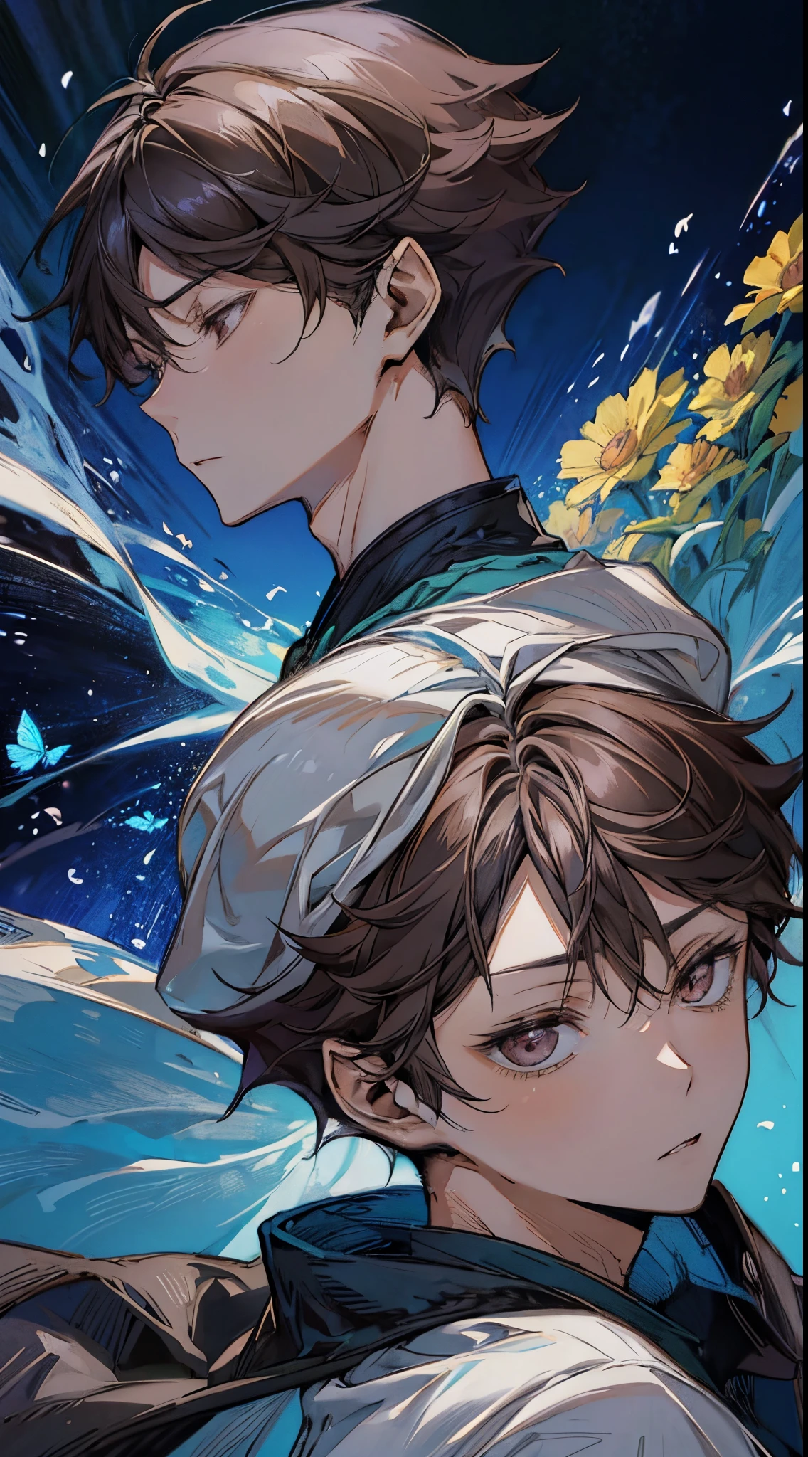 oikawa tooru,((solo focus))brown hair,brown eyes,short hair,1man,he is a breathtaking, his presence is like sunlight itself, flowers,butterflies,blue sky,pure and elegant,dainty,add_detail:0.5,perfect face,handsome,looking at viewer