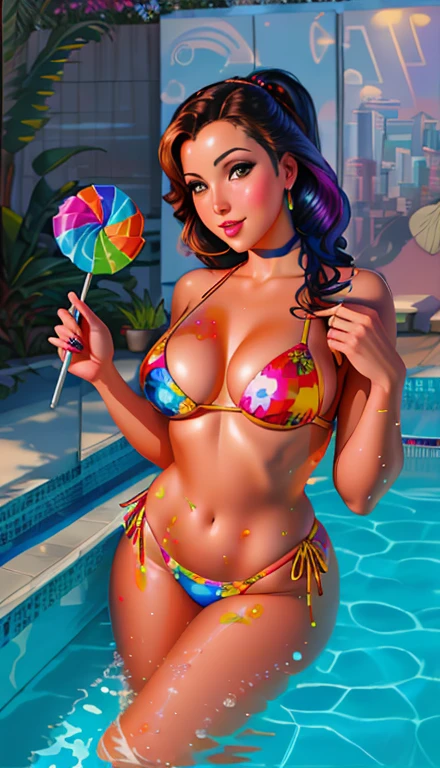 painting of a woman in a bikini holding a lollipop in a swimming pool, menina doce, pintura digital sensual, inspirado em Jeff Koons, Arte Pinup, Realistic bikini, pintura digtial, # 1 pintura digital de todos os tempos, #1 pintura digital de todos os tempos, pintura digital dos desenhos animados, pintura de revista brilhante, inspirado em Greg Hildebrandt, arte digital em quadrinhos