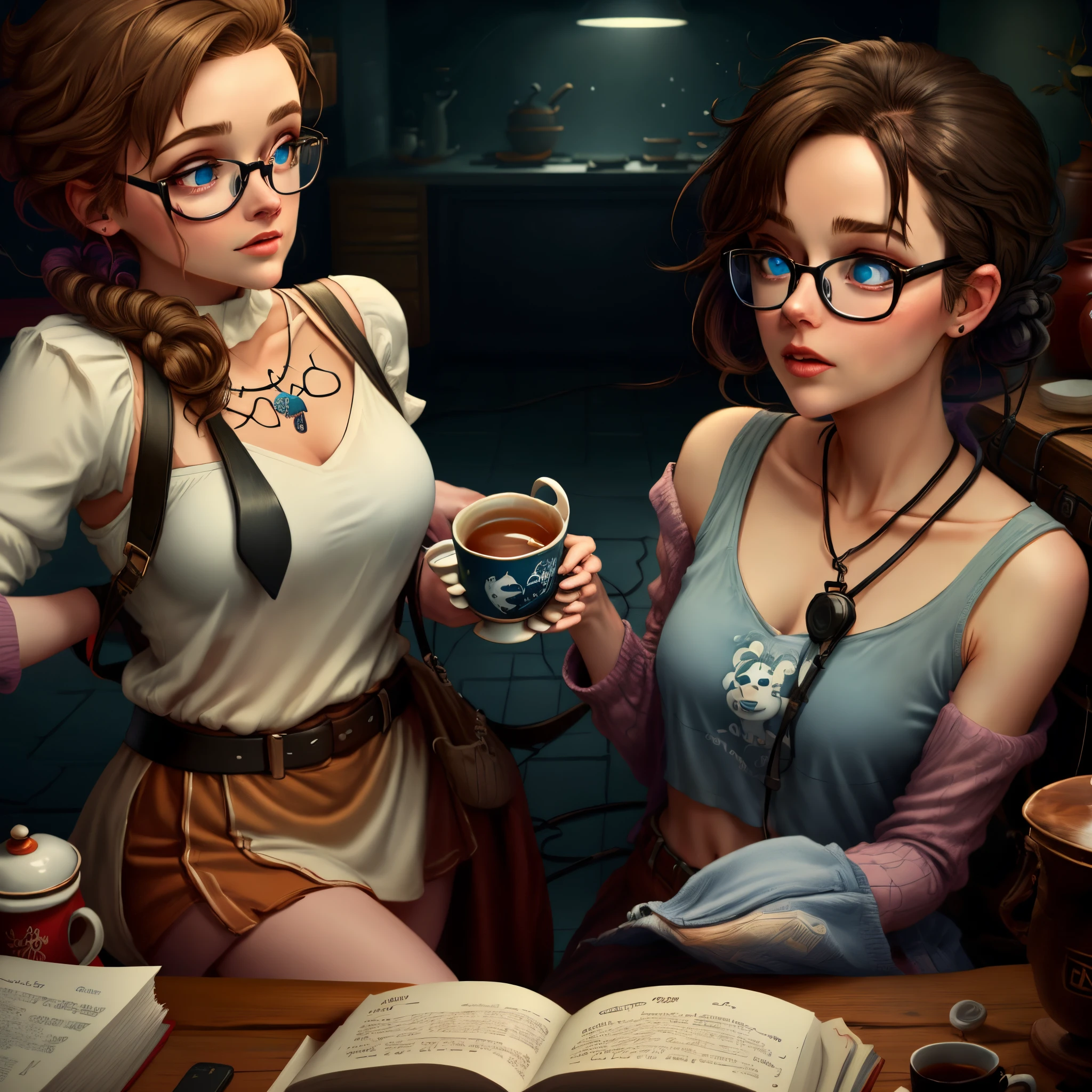 A white woman with blue eyes shoulder length brown hair tied back with a clip and an undercut wearing black rimmed glasses holding a mug of tea in one hand and a book in the other in a Disney Pixar art style