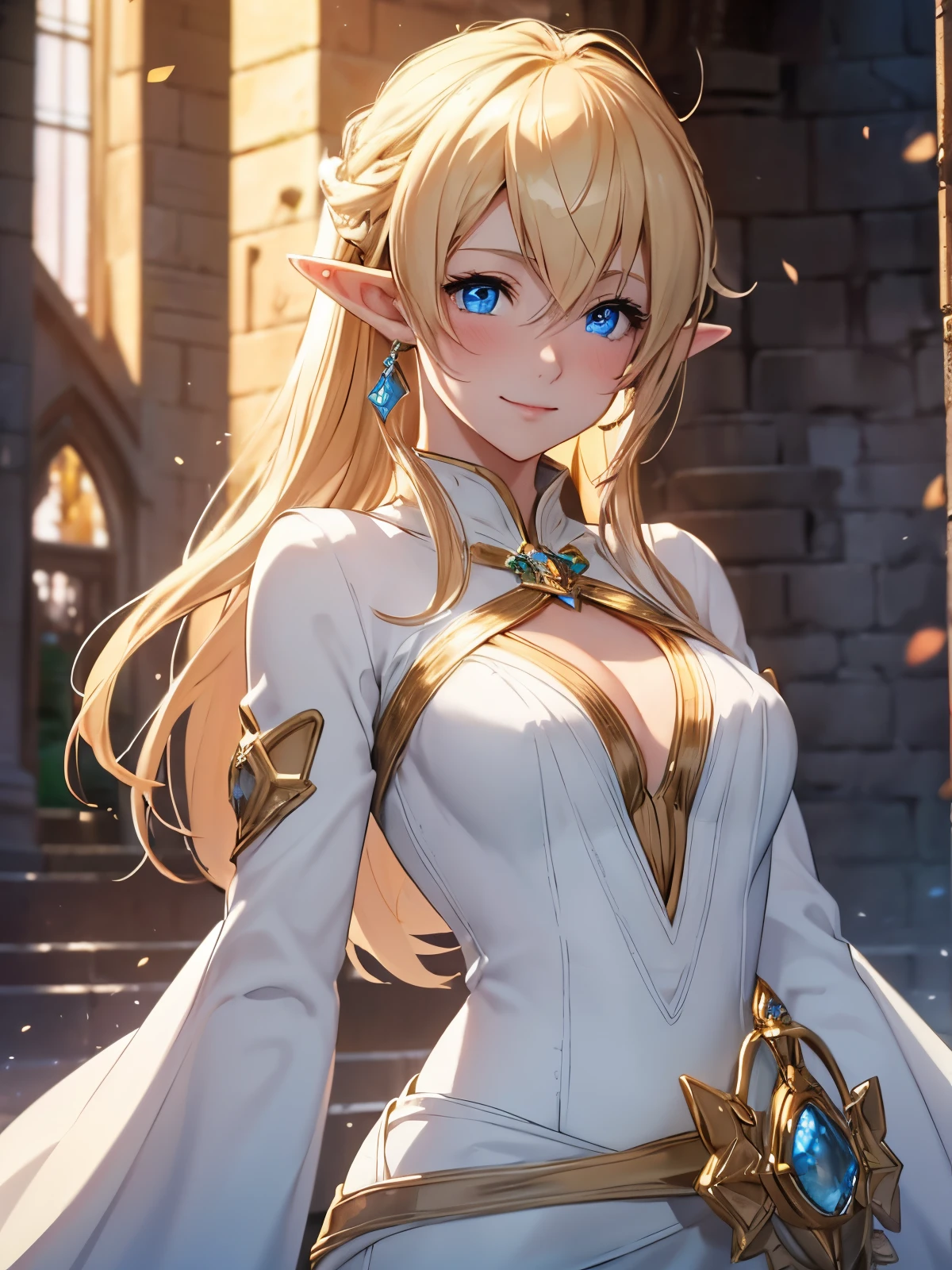 Solo Elf female with a hourglass figure, bright blushing smile, crystal blue eyes, golden blonde hair, simple white dress, standing in a stone brick cathedral, delicate golden jewelry, arms held behind back, Volumetric Lighting, Shallow Depth of Field