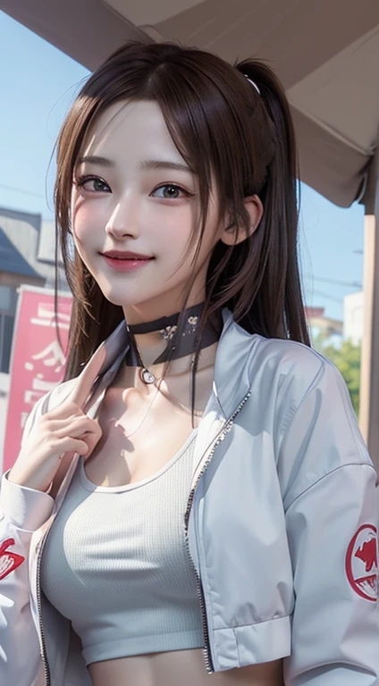 Photorealistic, masutepiece, Best Quality, Raw photo, 1girl in, Solo, Twin-tailed, Brown hair, Detailed face, alluring face, evil smile、耳环、a choker、Neon Shirt、Open jacket、croptop, medium breasts, Dynamic Pose, Looking at Viewer, From below, Detailed background, fine detailed, intricate detailes, Ray tracing, depth of fields, lowkey, nffsw