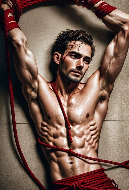 Man in bondage,Young person,emaciated,Handsome,down view,struggling,Binding limbs with red rope,streaming tears,Being bullied,weeping,tight skin,sweaty,pretty