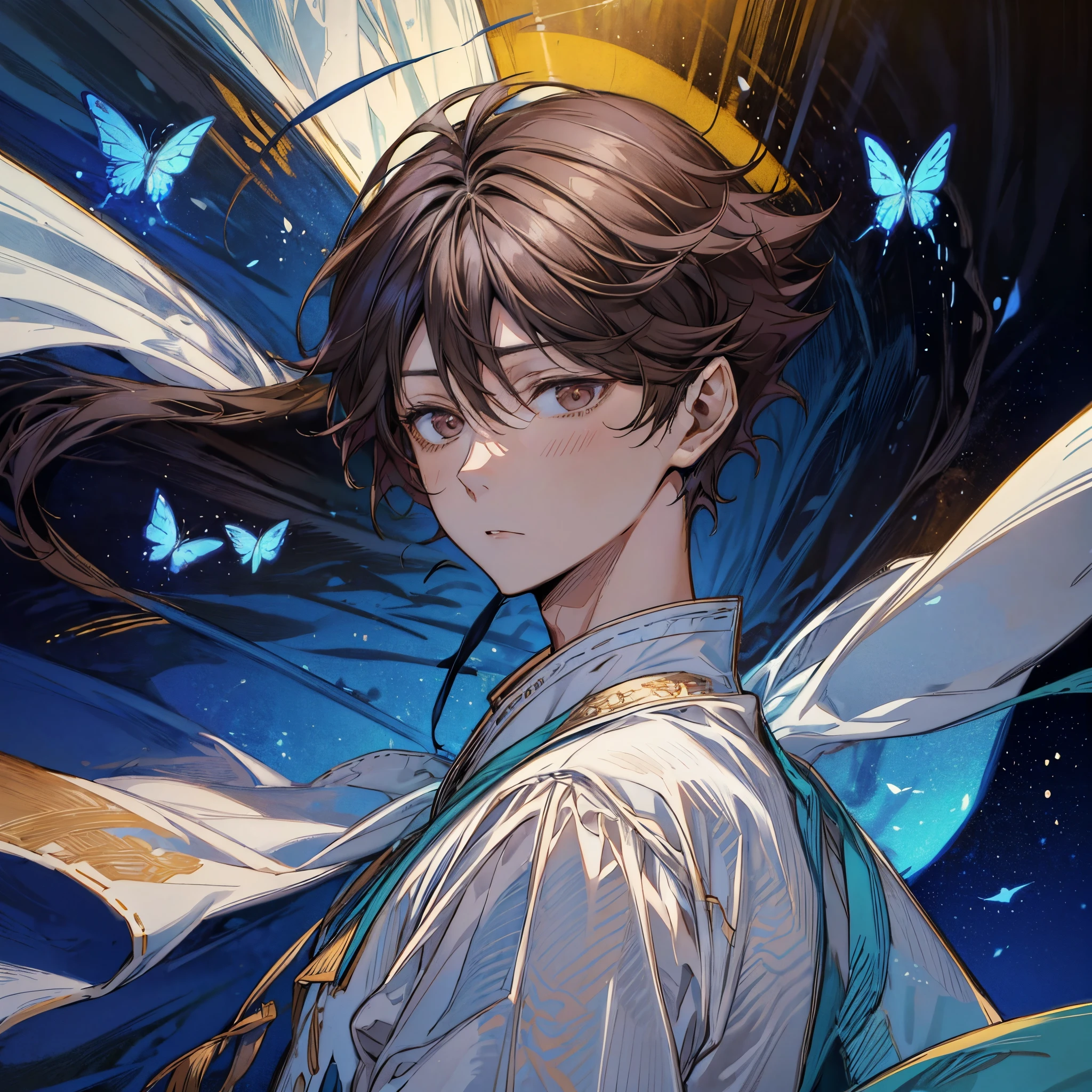 oikawa tooru,((solo focus))brown hair,brown eyes,short hair,1man,he is a breathtaking, his presence is like sunlight itself, flowers,butterflies,blue sky,pure and elegant,dainty,add_detail:0.5,perfect face,handsome,looking at viewer,((blushing))