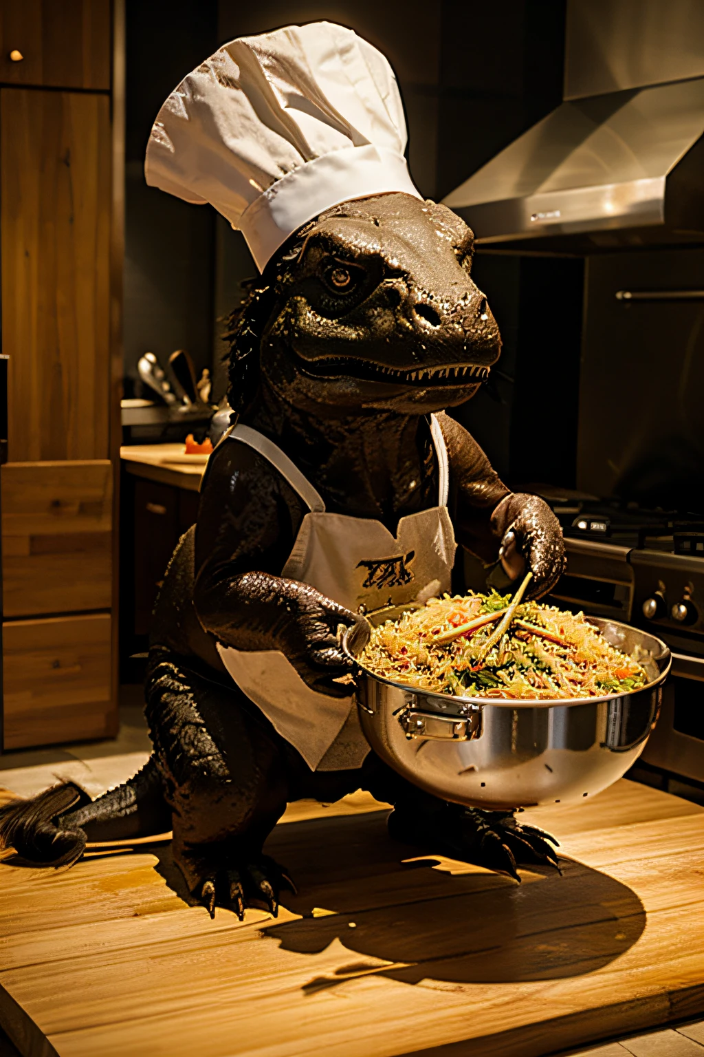 a trex holding a wok cooking fried rice wearing chef hat