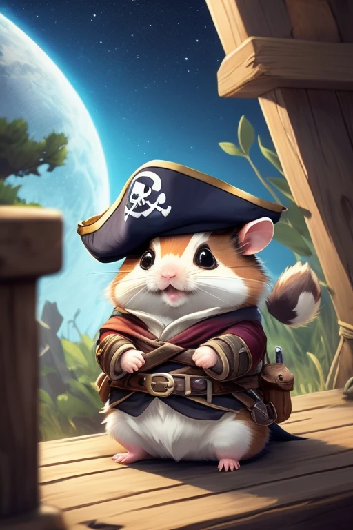 A cute hamster, rpg adventurer clothing, pirate outfit, angle from below, night sky