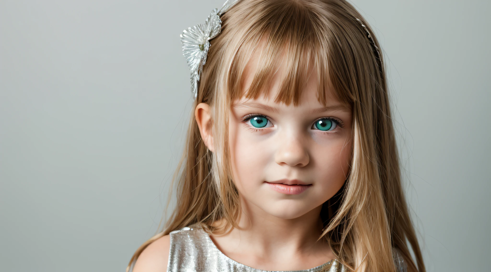 close-up CHILDREN BLONDE GIRL WITH LONG HAIR, em um fundo NEON., usando um vestido prateado, vestido prateado e halo em chamas, Studio photo session, fundo branco. neon verde.