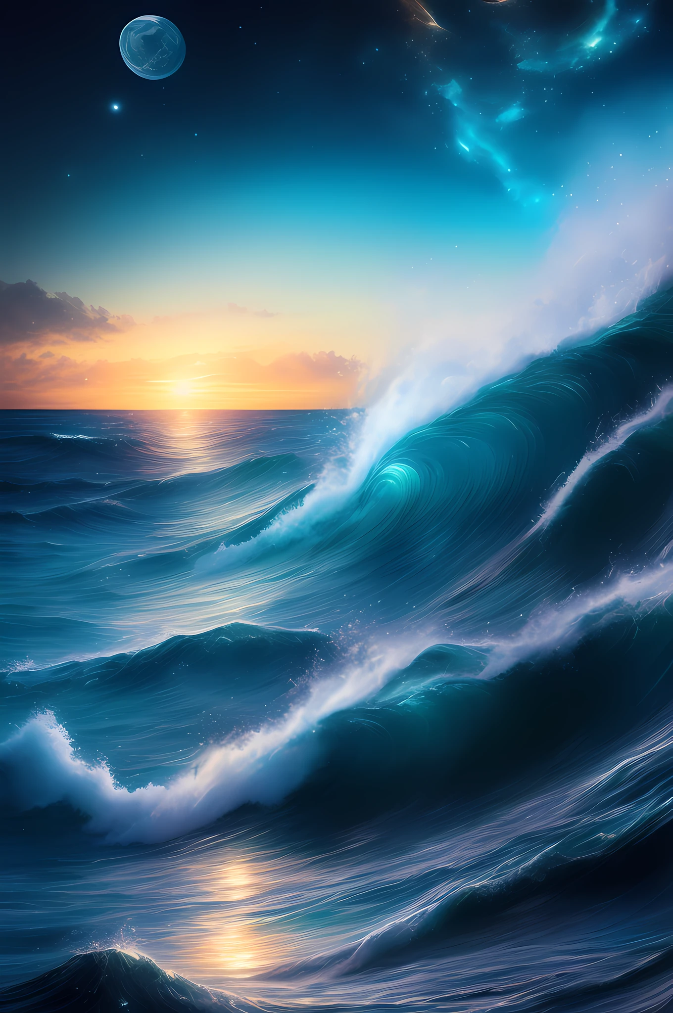 swell sea, starry night sky, majestic snake, sparkling clean, Explosive, water splash. (Best quality at best, 4K, A high resolution, tmasterpiece:1.2), ultra - detailed, actual:1.37, HighDynamicRange, vivd colour, bokeh, Concept artist, Atmosphere in the moonlight.